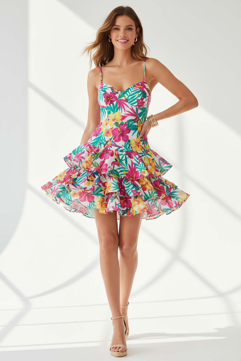 Resort-Style Printed Slim-Fit Mini Dress with Multi-Layer Ruffle Hem